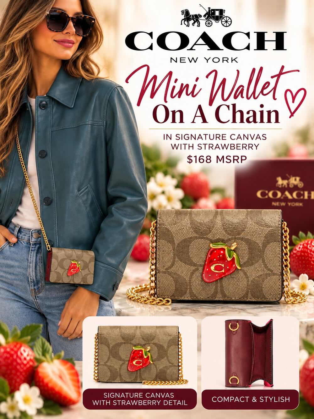 Coach $168 Mini Wallet On A Chain In Signature Canvas With Strawberry NWT